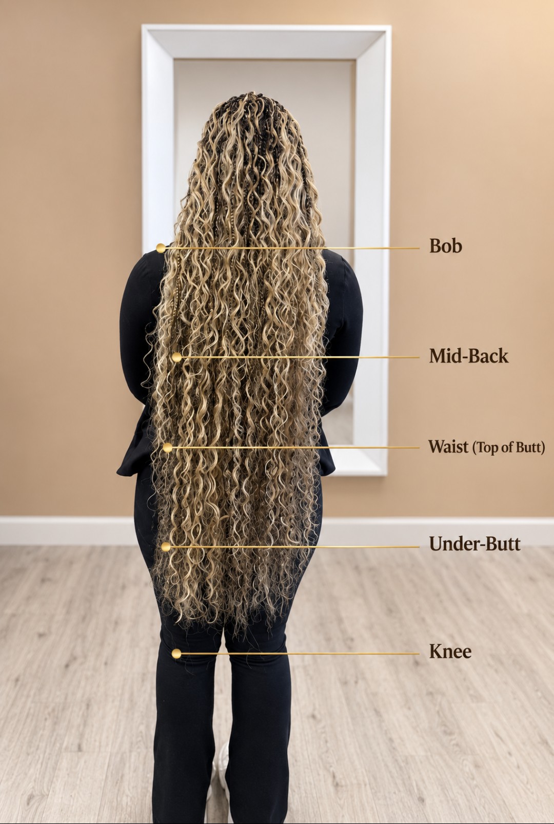Hair length guide showing Bob, Mid-Back, Waist (Top of Butt), Under-Butt and Knee lengths